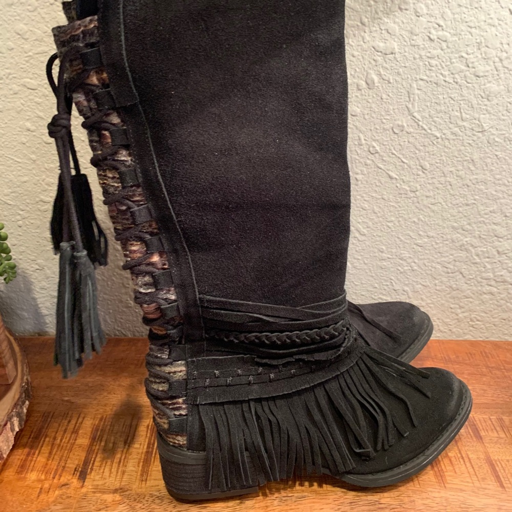 Naughty Monkey Zarape knee high fringe boots